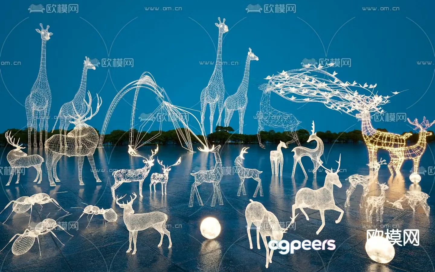 Square landscape deer sculpture animal neon light 3d model