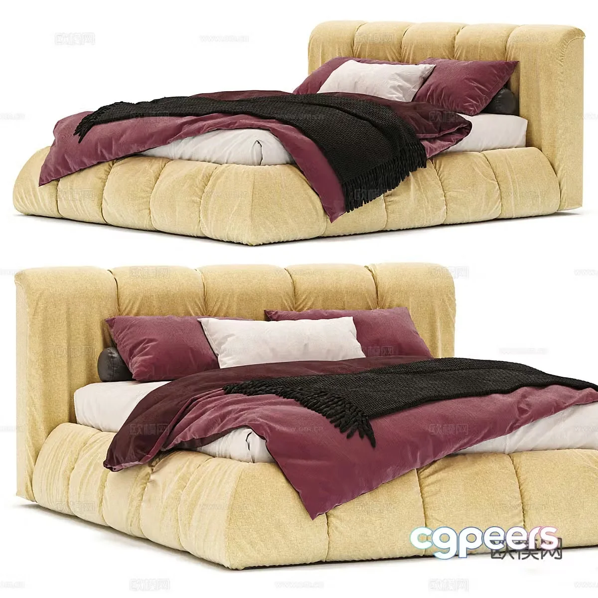 Simple double bed Tofu block double bed Fabric double bed Bedding equipment Platform bed 3D model