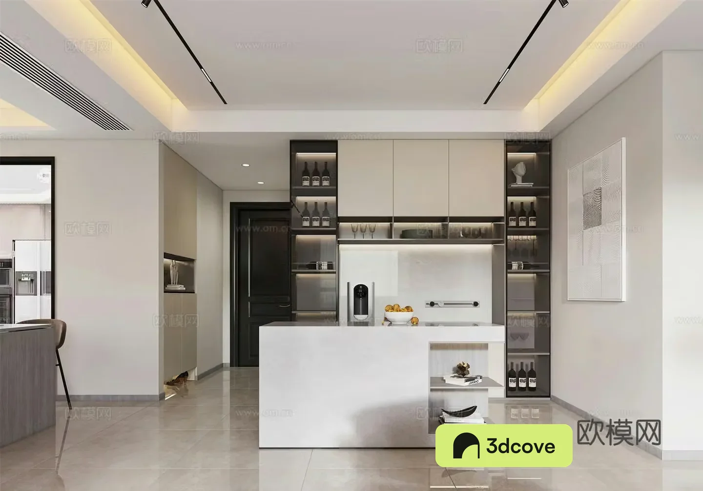 Modern restaurant island bar open kitchen wine cabinet social hall modern living restaurant