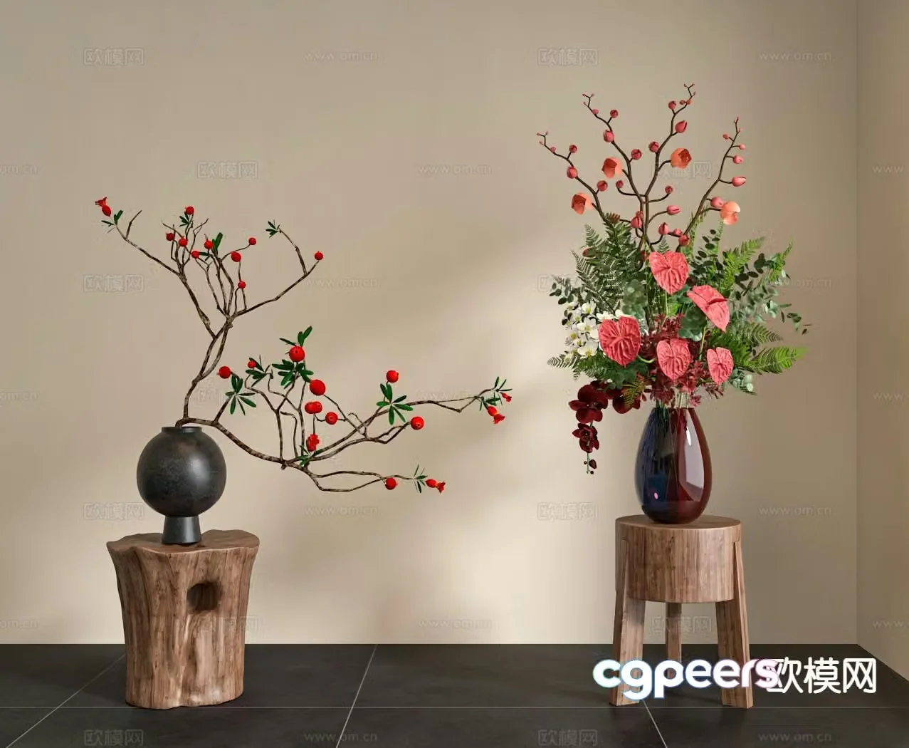 wabi-sabi vase floral arrangement flower arrangement flowers 3d model