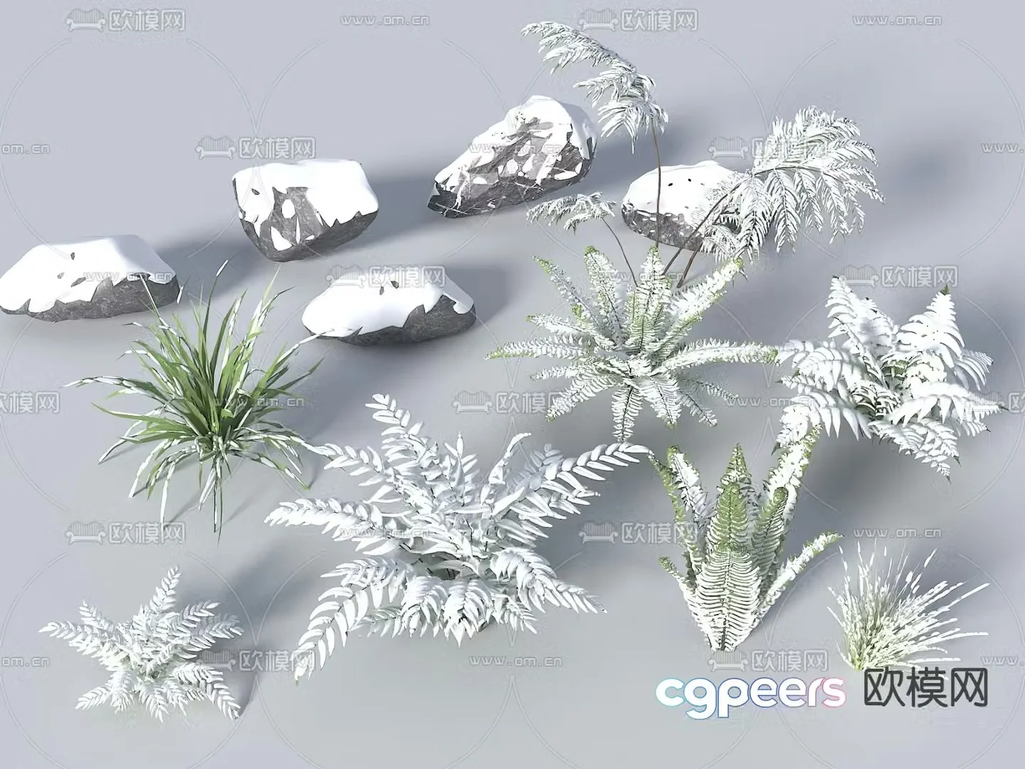 Snow scene stone green plant 3d model