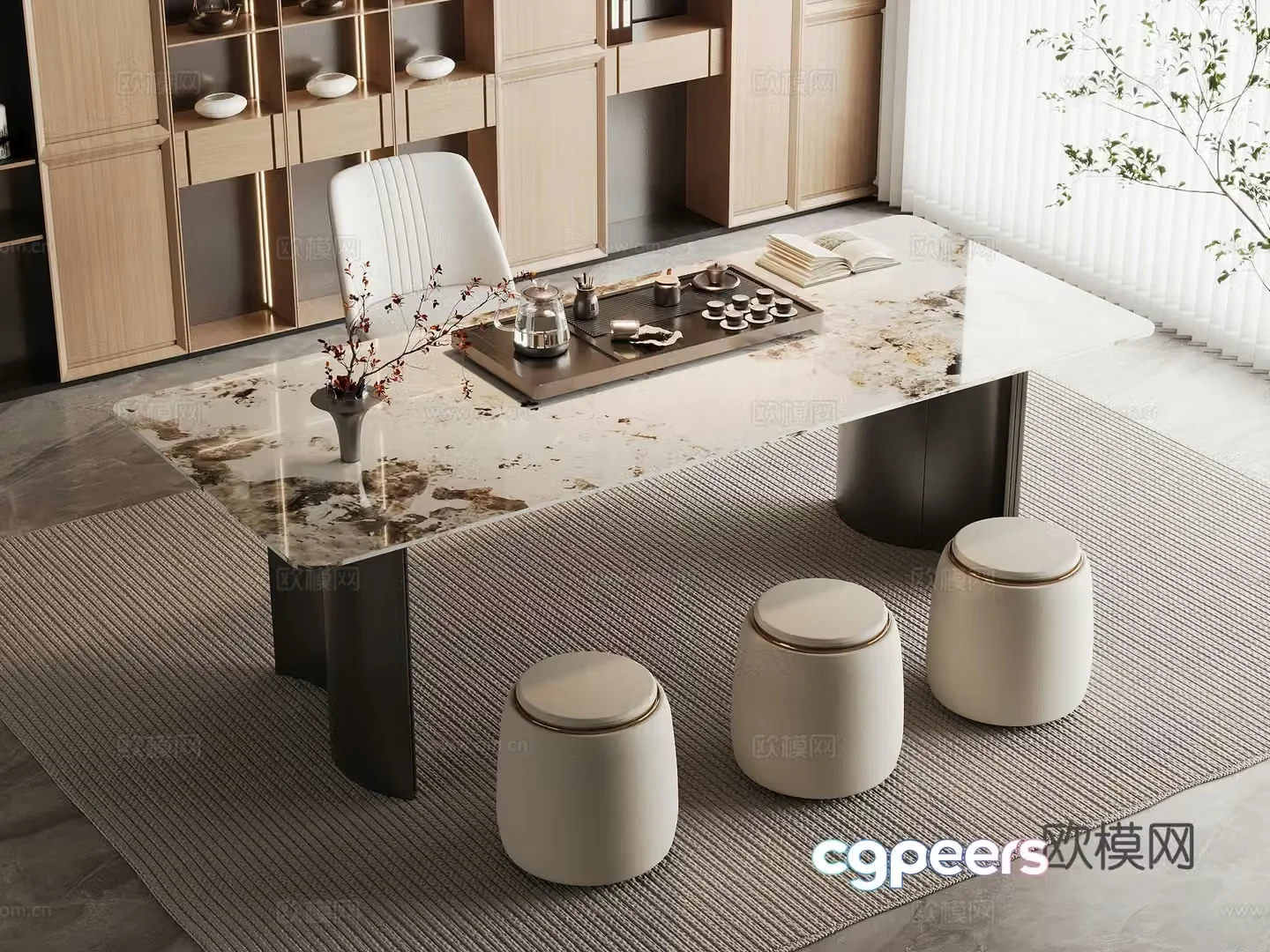 Modern tea table and chairs light luxury marble tea table and chair combination rock-pan tea table and tea table water boiling table 3D model