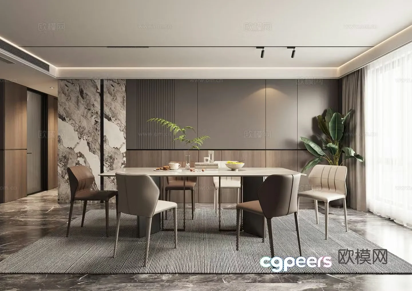 Modern high-end gray restaurant dining table and chair 3d model