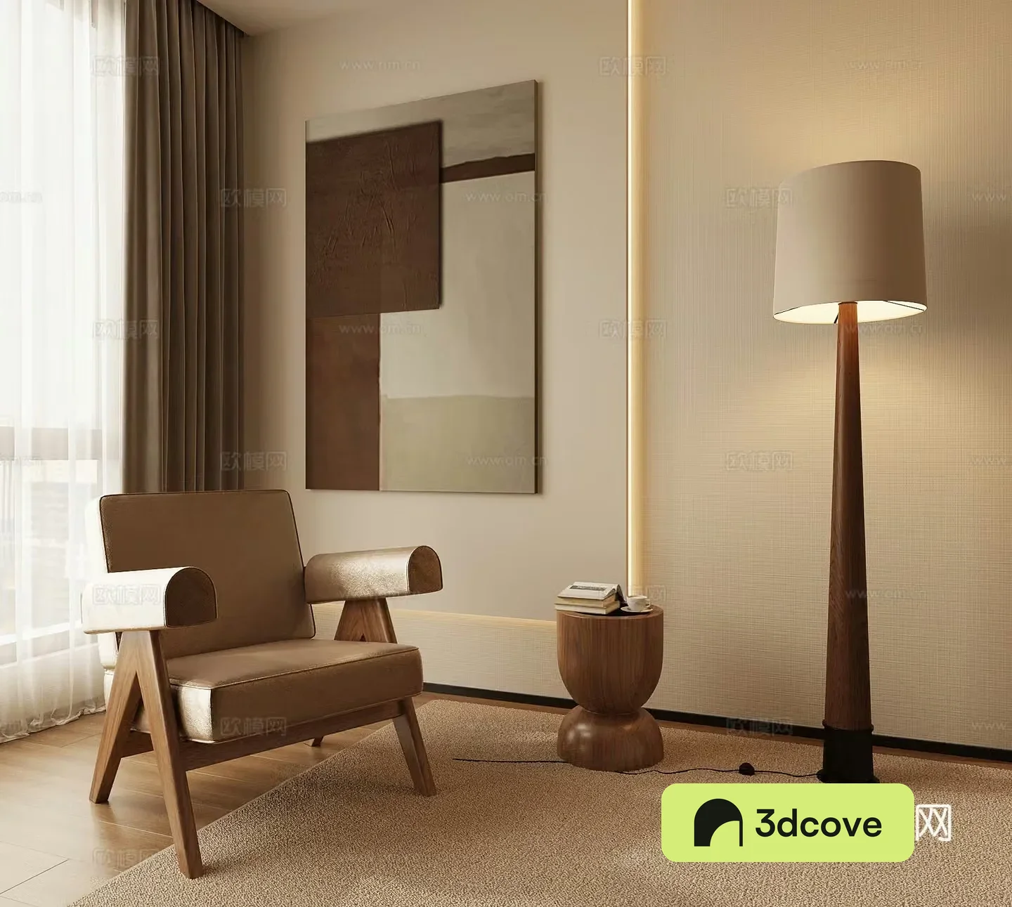 Middle-aged floor lamp leisure chair decorative painting side 3D model