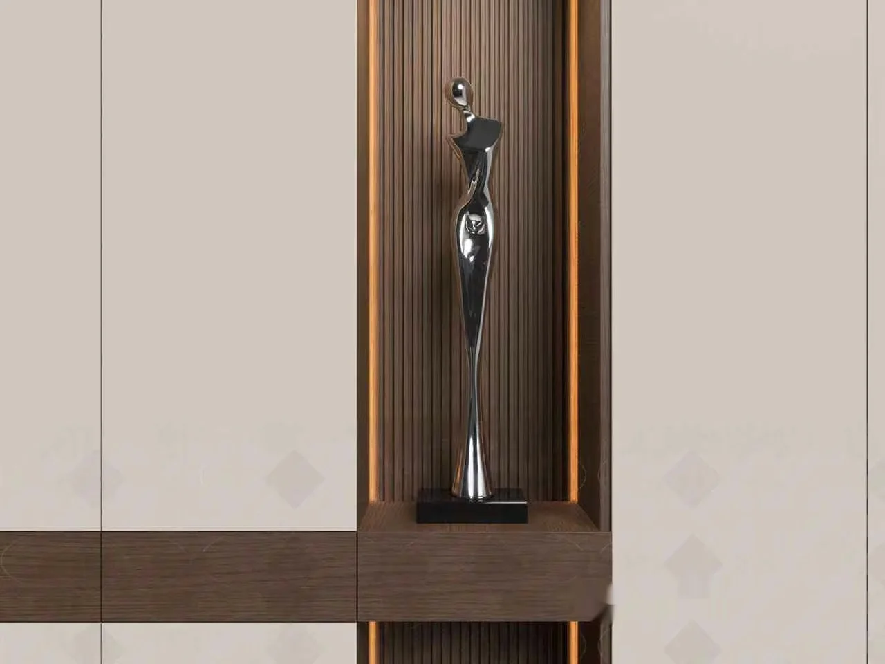 A Silver Figurine On A Wooden Shelf 3D Model – 8035 – VRAY Render