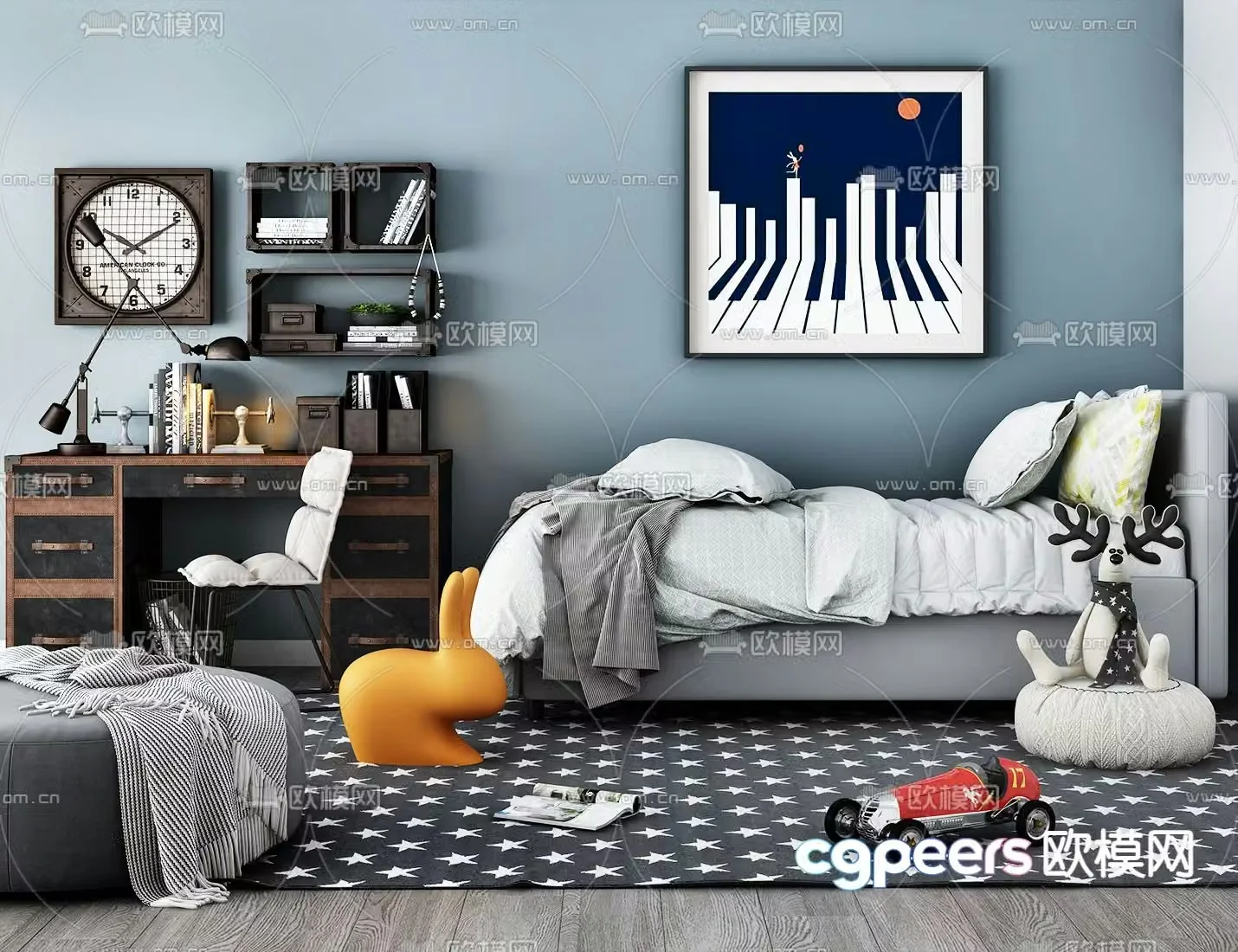 Modern children’s bed study table bookshelf 3d model
