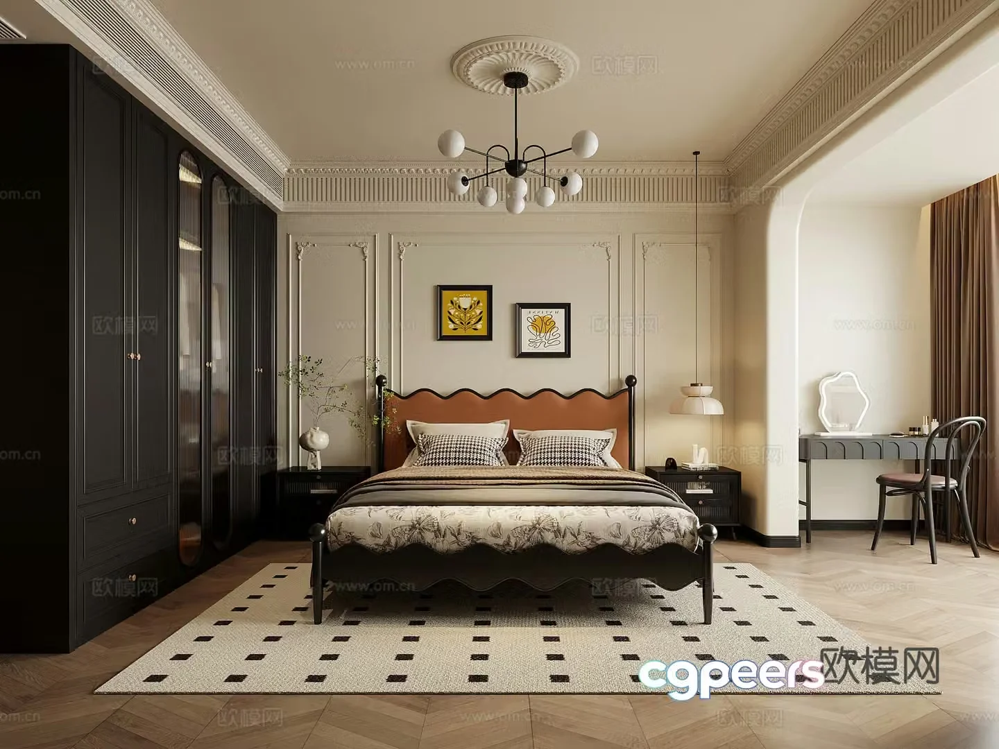 Home bedroom French retro style bedroom Double bed nightstand wardrobe dressing table 3d model