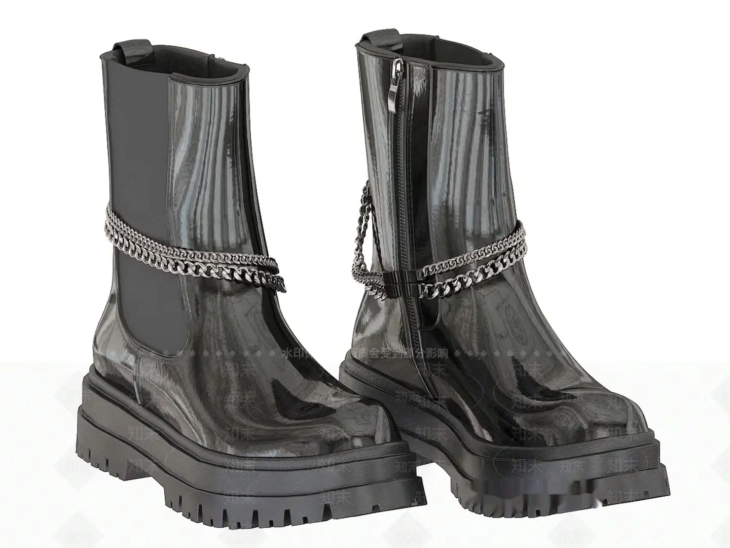 Black Combat Boots With Silver Chain Accents 3D Model – 18277 – VRAY Render