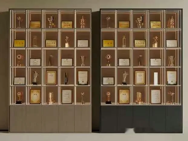 Two Tall Narrow Dark Gray Cabinets With Multiple Shelves Each Containing Various 3D Model – 17342 – VRAY Render