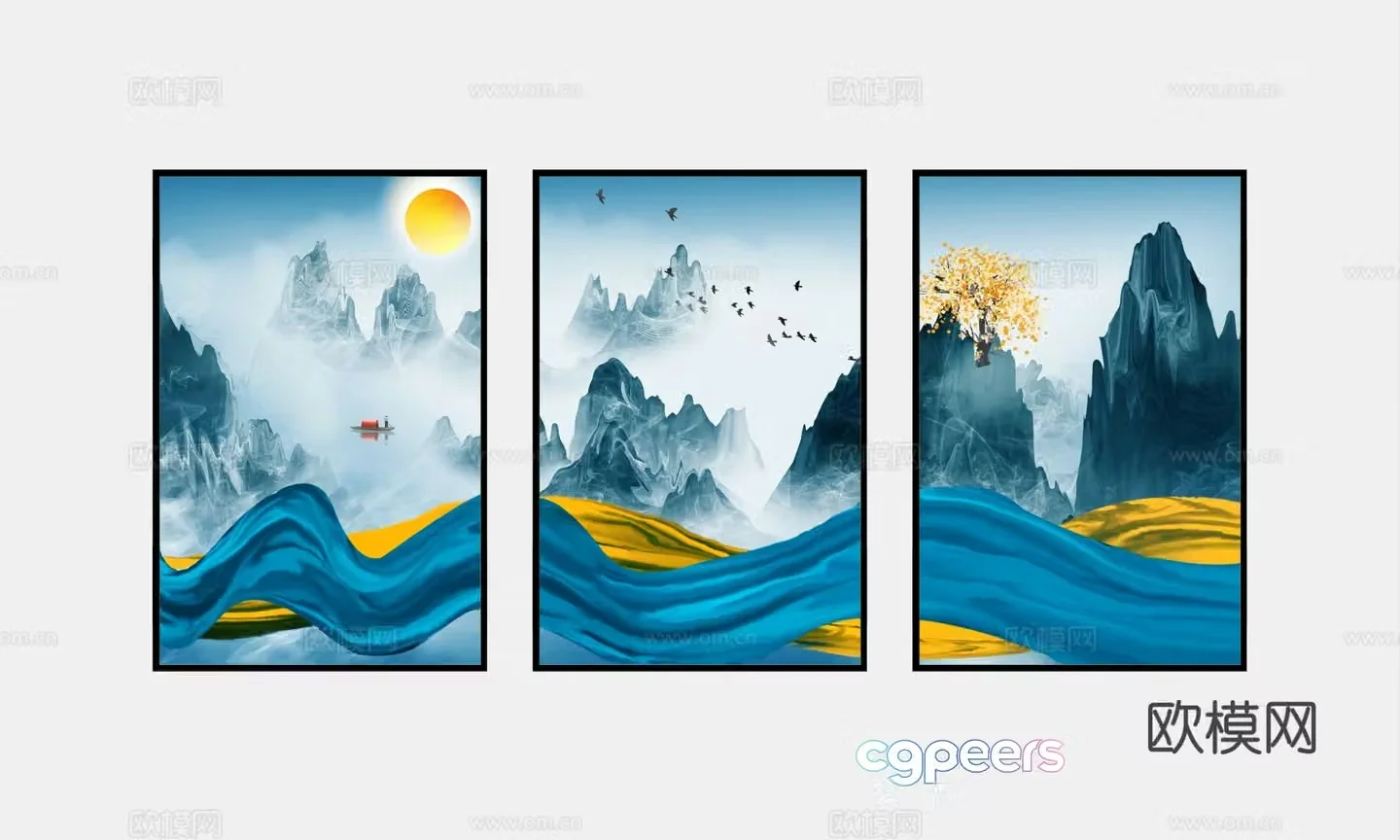 New Chinese style decorative painting landscape painting hanging painting 3D model