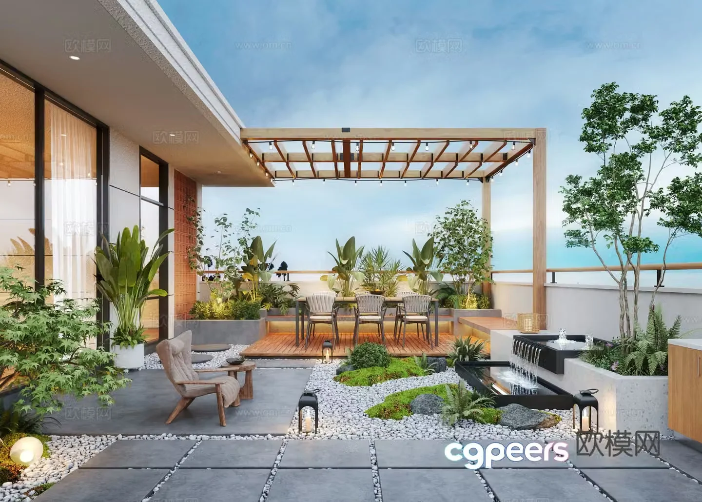 Modern roof garden water view pool leisure chair outdoor dining table 3d model