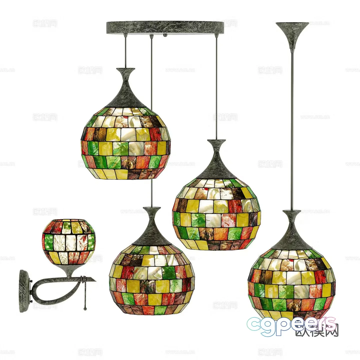 American retro colored shell glass chandelier 3d model