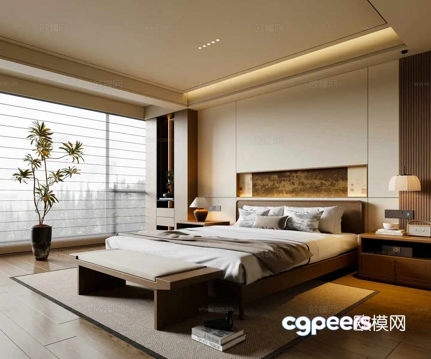 New Chinese style Song style bedroom solid wood double bed bed nightstand chandeliers carpet 3d model