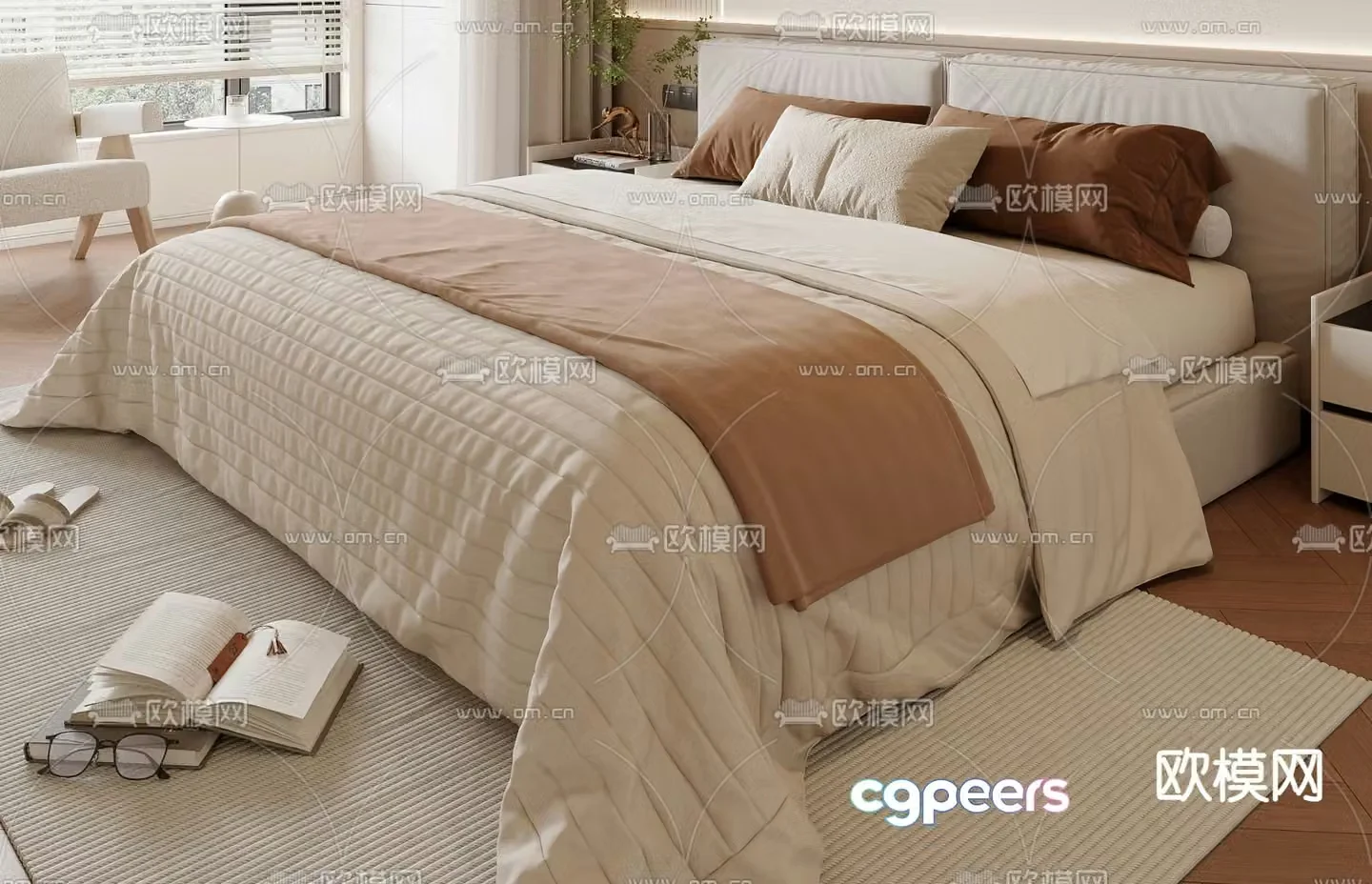 Cream style double bed 3d model