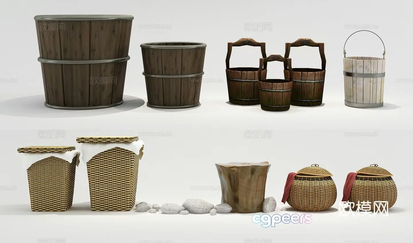 Wooden barrel straw basket 3D model