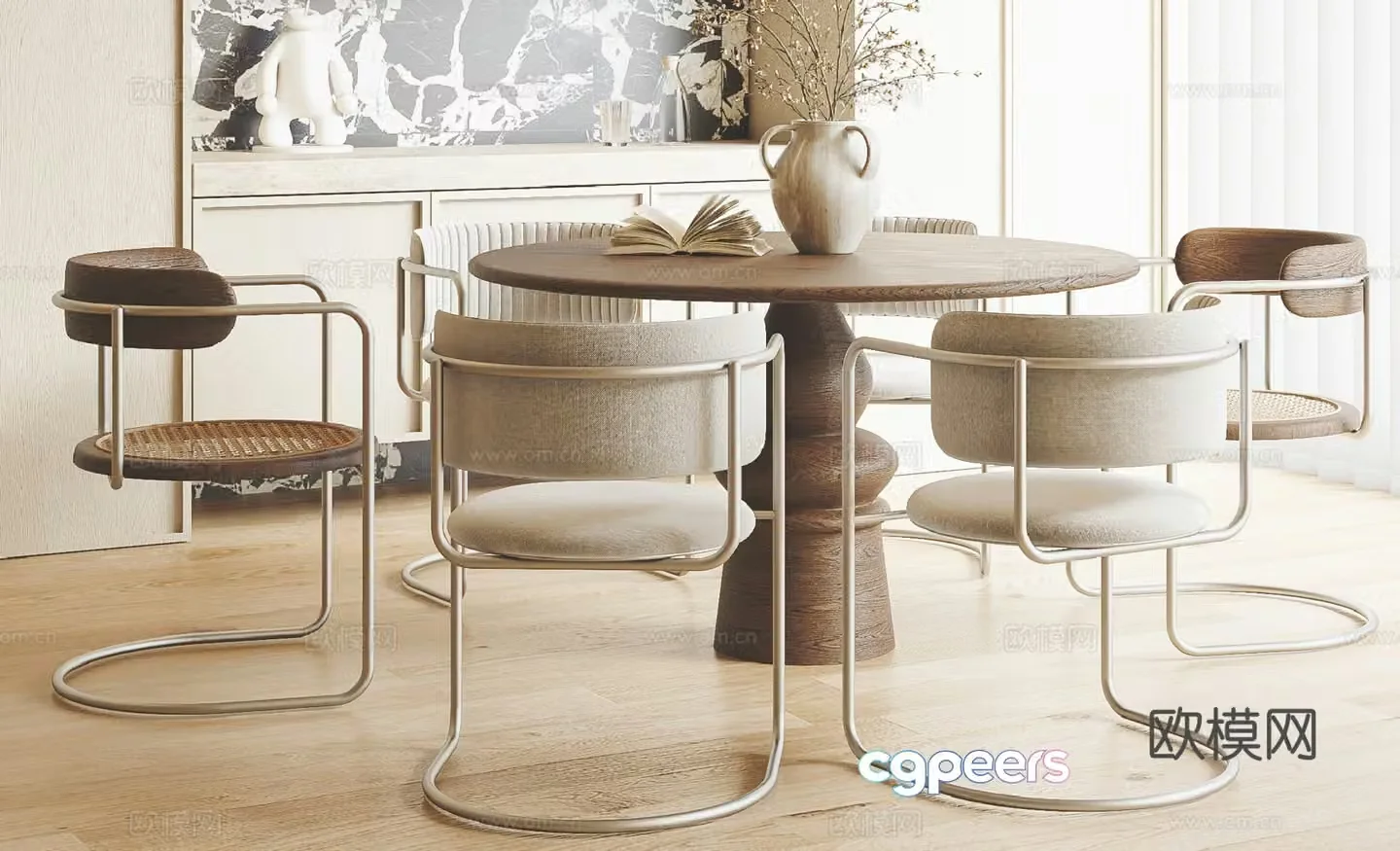 Wabi-sabi dining table and chairs round dining table 3d model
