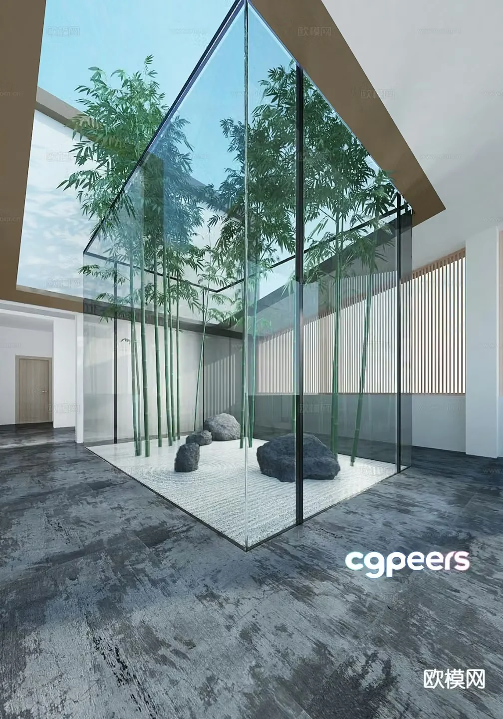 Chinese style glass landscape room dry landscape sketch patio 3D model