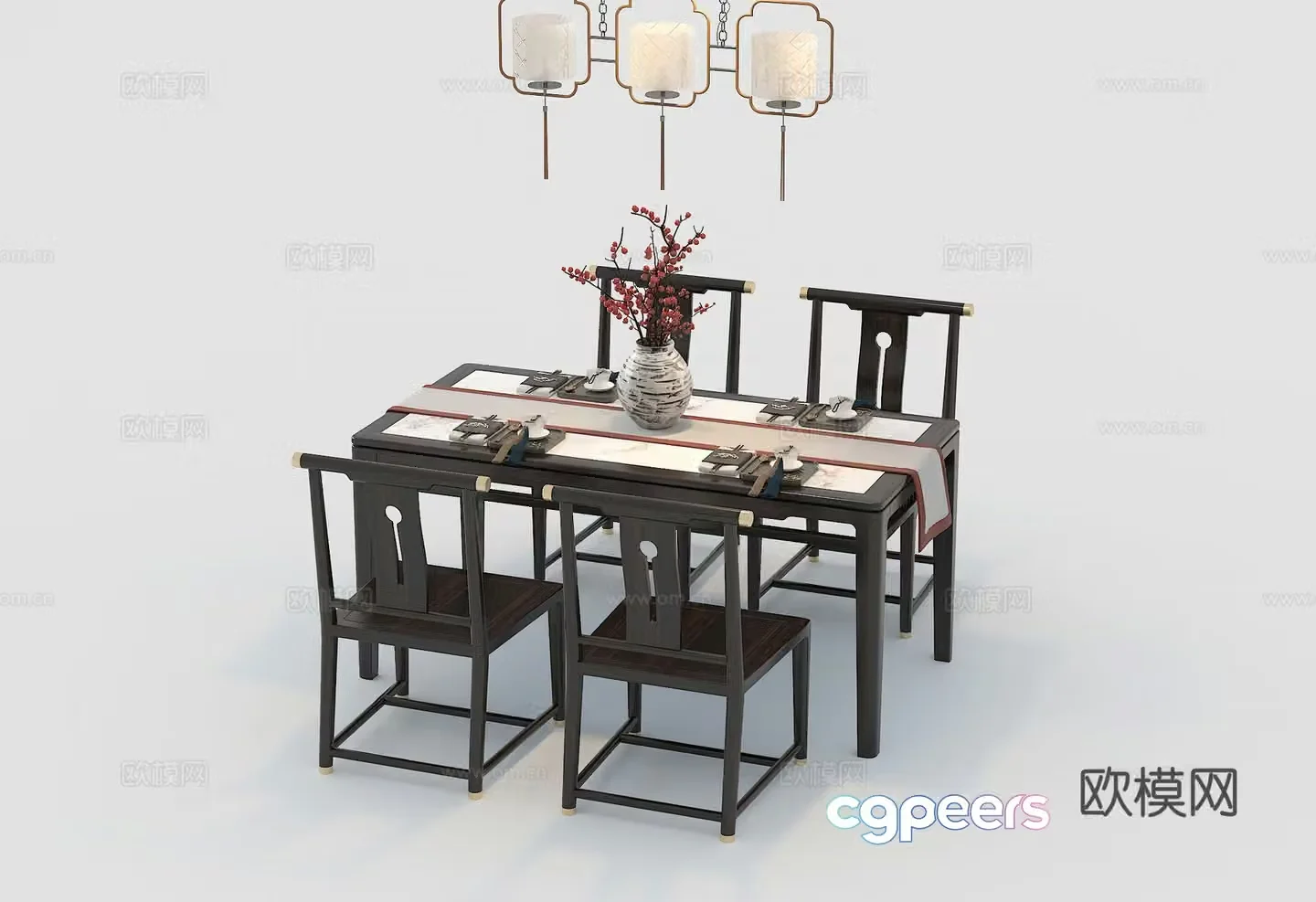 Chinese dining table and chair combination 3D model