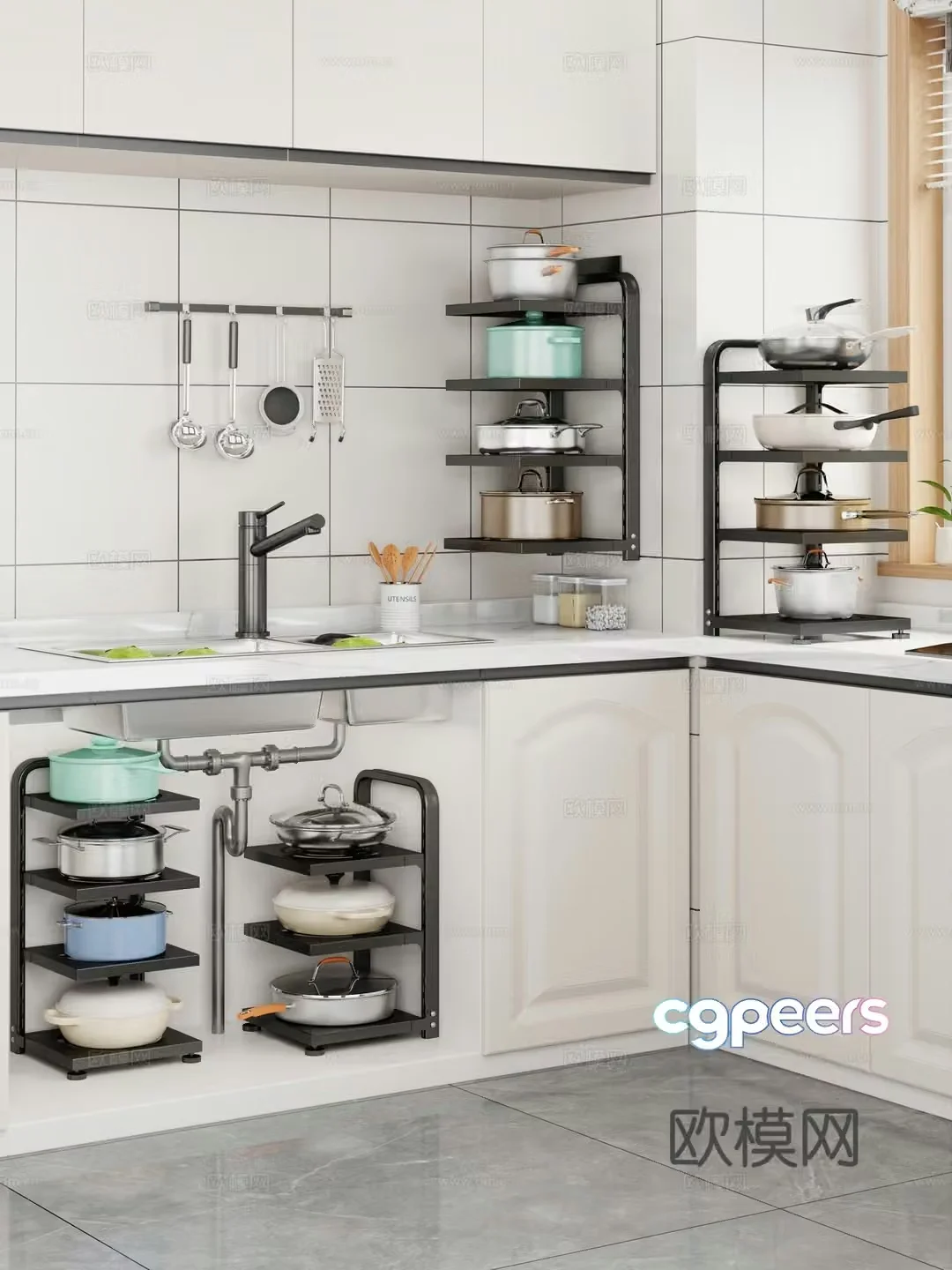 Kitchen storage rack pot and basin kitchen utensils 3d model