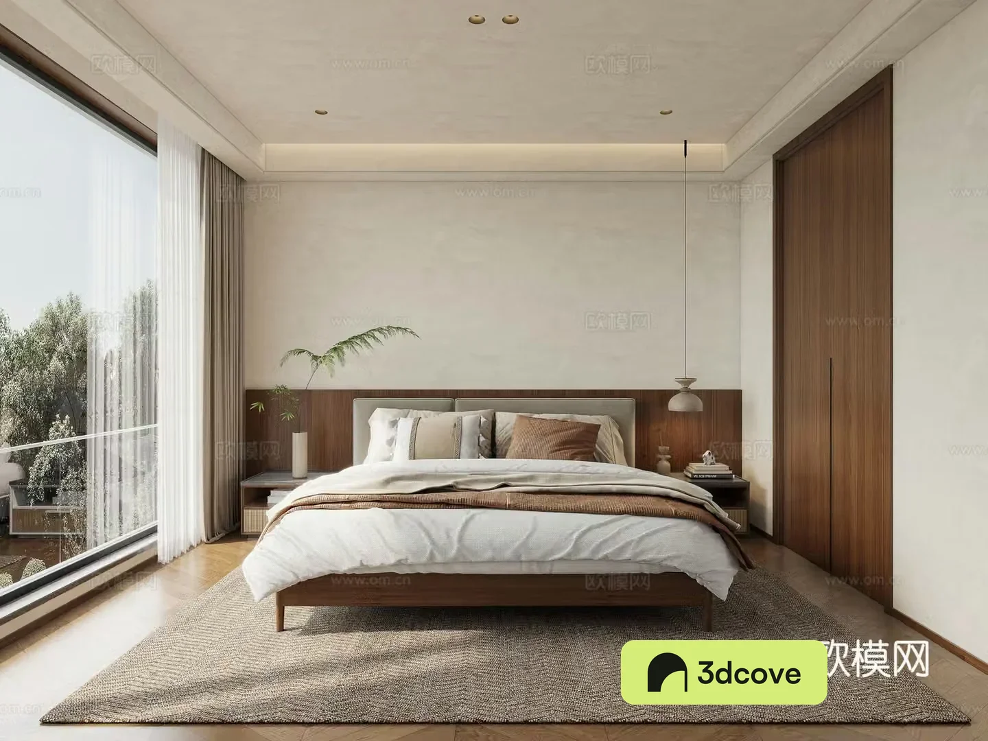 Wasabi wind bedroom medieval master bedroom Wasabi wind bedding combination bedside table wooden log wind 3D model
