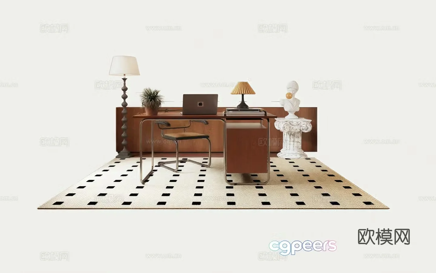 Middle-aged desk carpet sculpture floor lamp desk 3D model