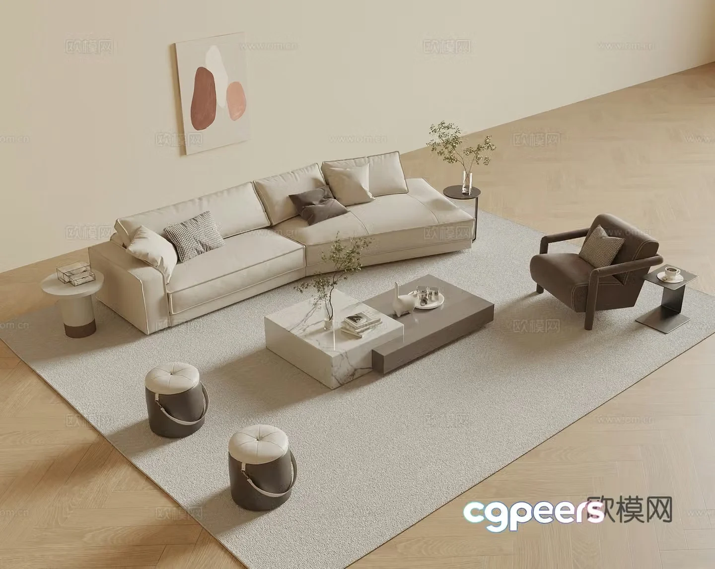 Modern sofa coffee table combination curved sofa single sofa sofa stool living room sofa 3D model