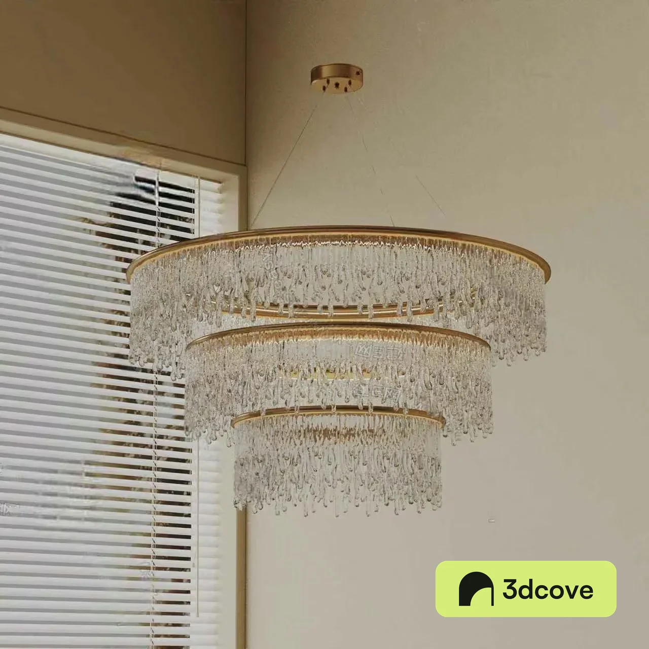 A Chandelier With A Gold Frame And Crystal Droplets
