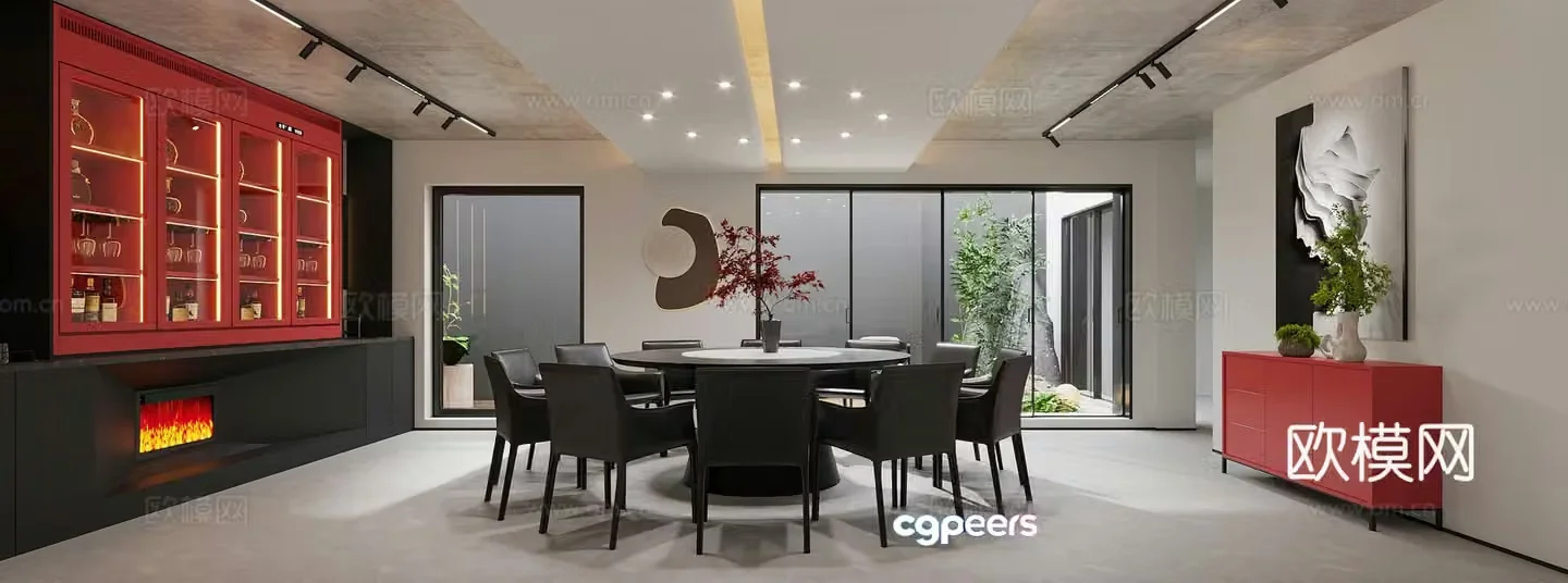 Minimalist private room restaurant Minimalist wine cabinet fireplace Sideboard Minimalist abstract painting Wall decoration Round dining 3D model