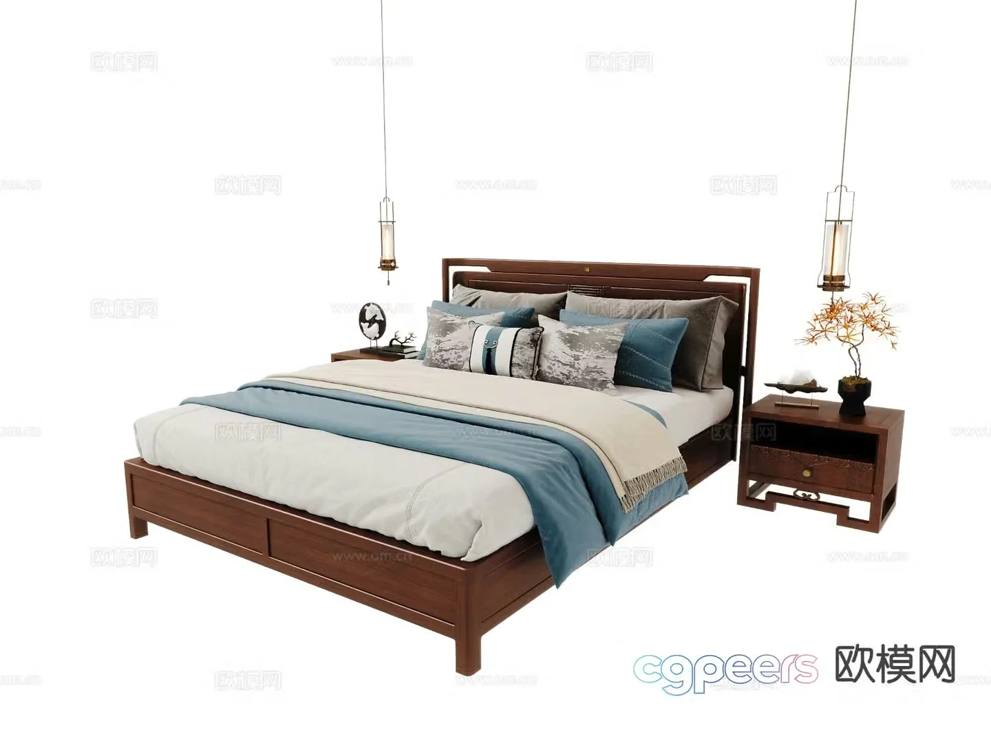 New Chinese style double bed 3d model