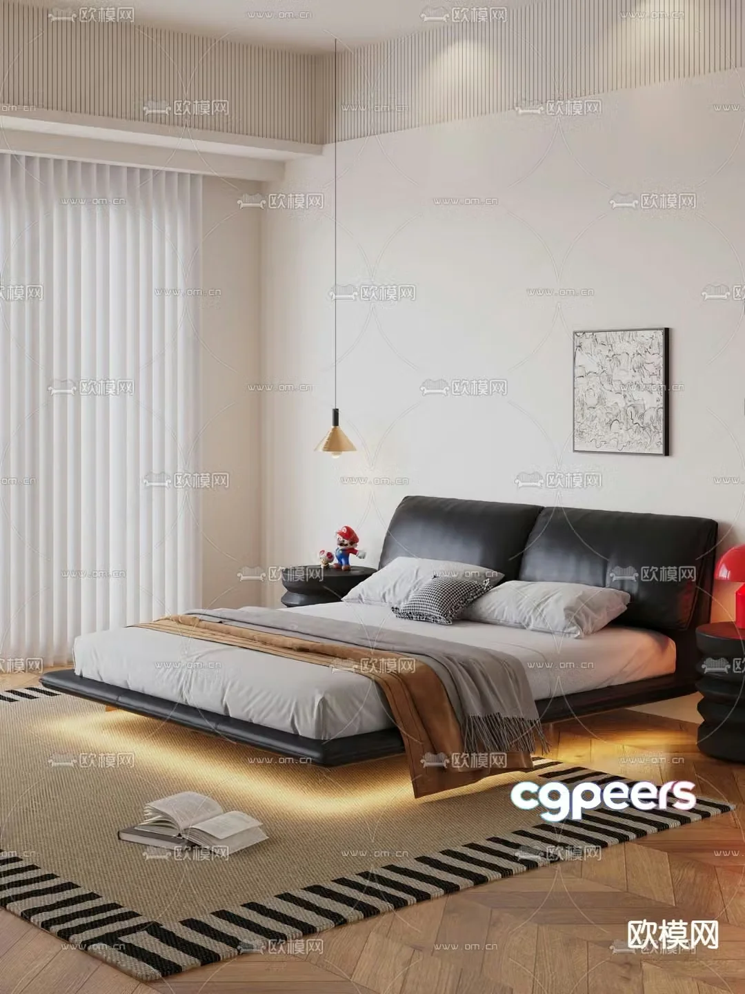 Double bed black leather bed 3d model