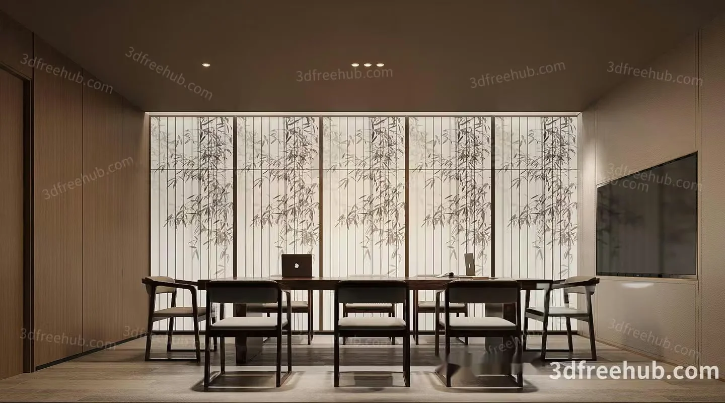 A Minimalist Office Space With A Table And Chairs 3D Model – 22452 – VRAY Render