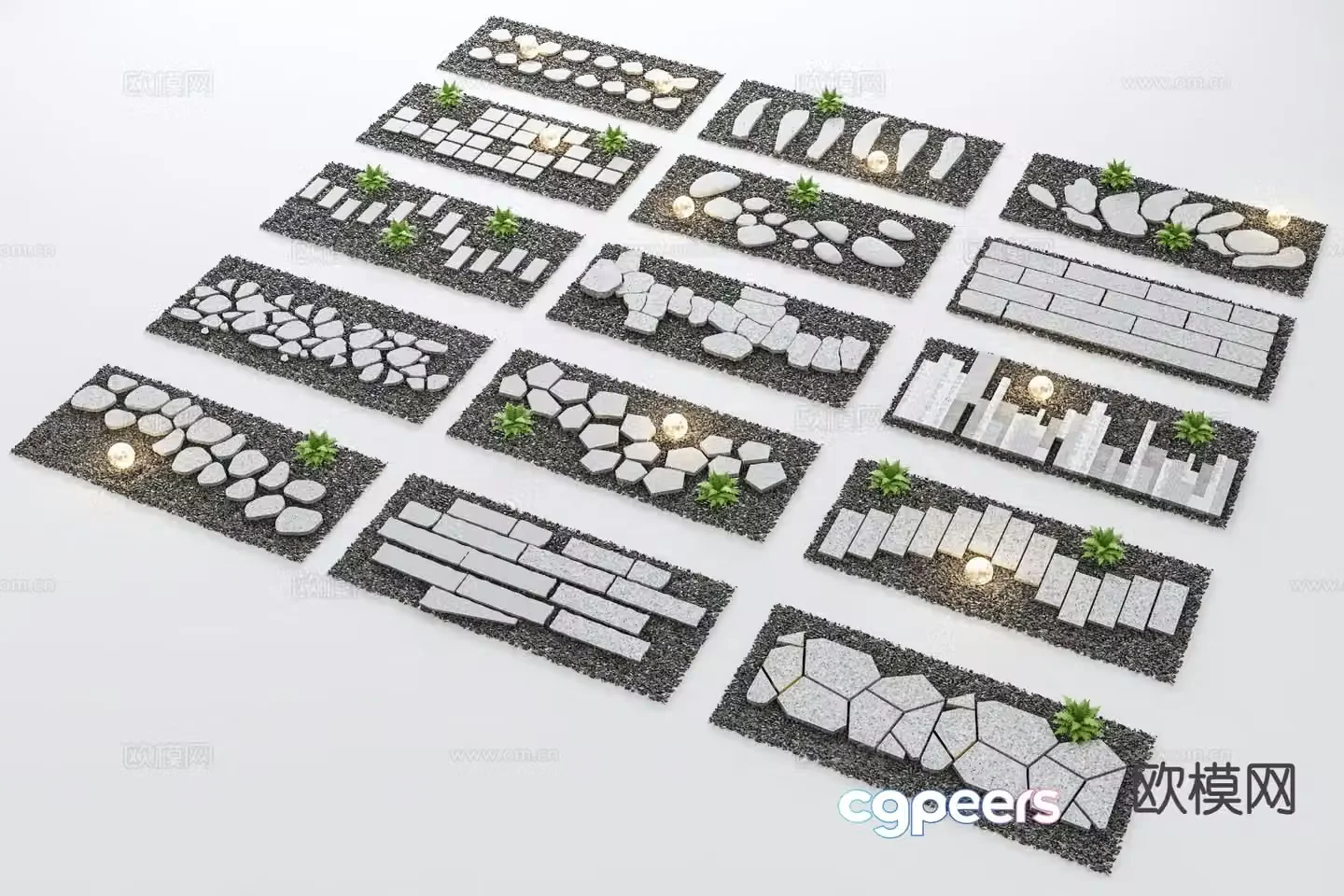 Chinese style Tingbu stone paving courtyard garden road sketch 3D model