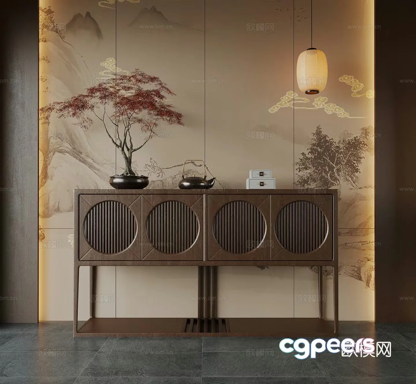05 New Chinese style side cabinet Decorative cabinet Porch cabinet Floor lamp Chandelier Decorative painting 3D model