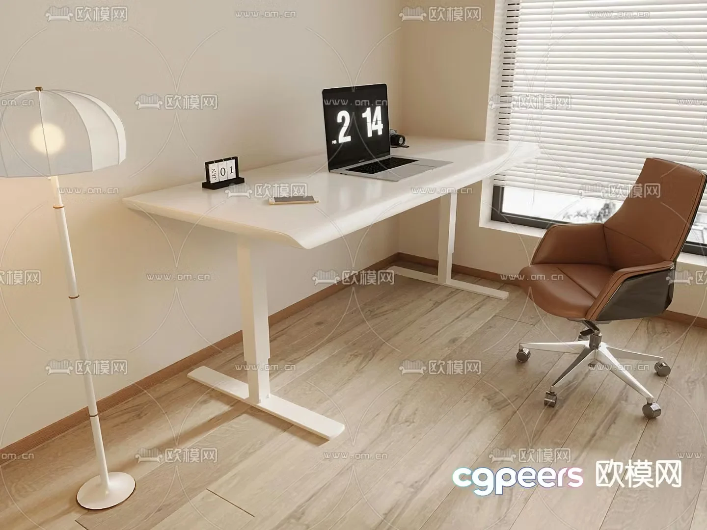 Cream desk chair computer desk 3d model