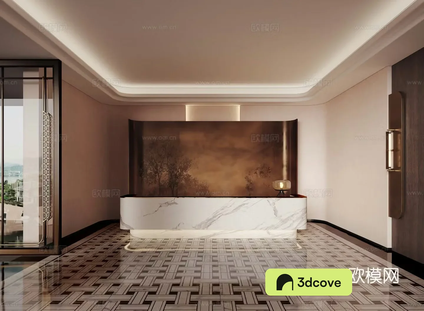 Modern hotel club reception desk office front desk metal background wall