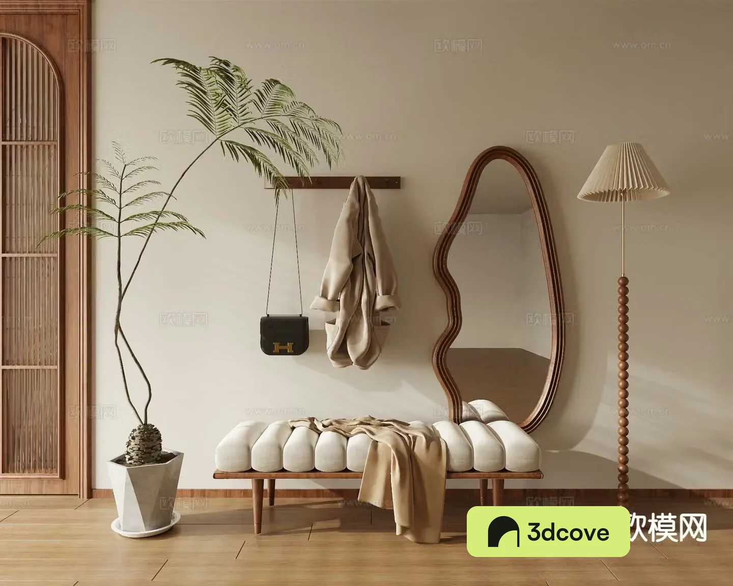 Medieval style shoe changing stool clothes hanging rail full body mirror