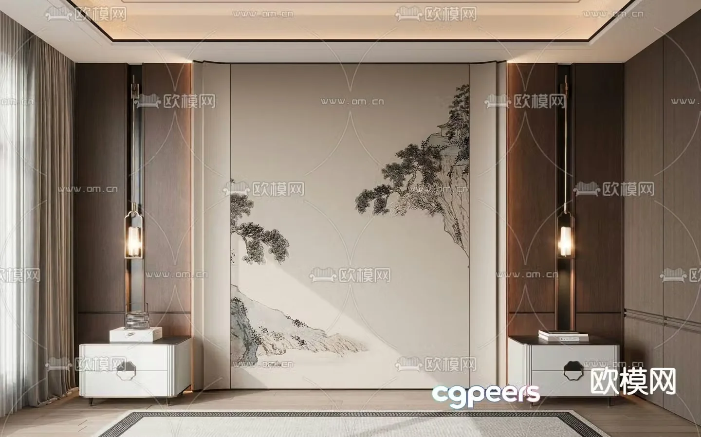 New Chinese style background wall bedside background 3d model