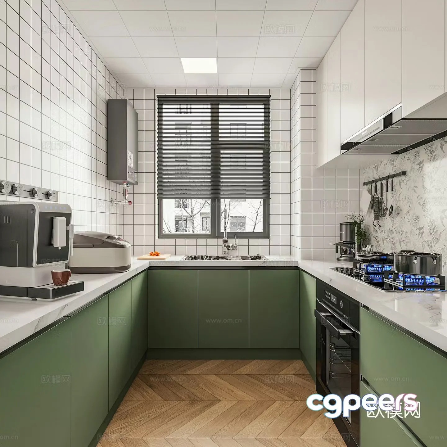 Modern kitchen range hood gas stove gas water heater coffee machine cabinet kitchen utensils electric 3D model