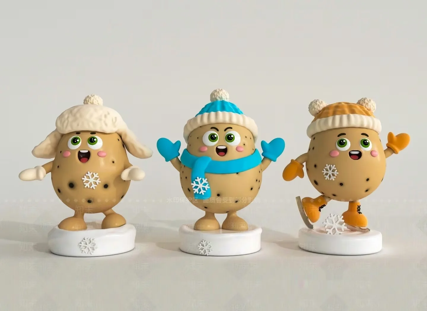 Three Figurines Of Potatoes Wearing Winter Clothing 3D Model – 8858 – VRAY Render