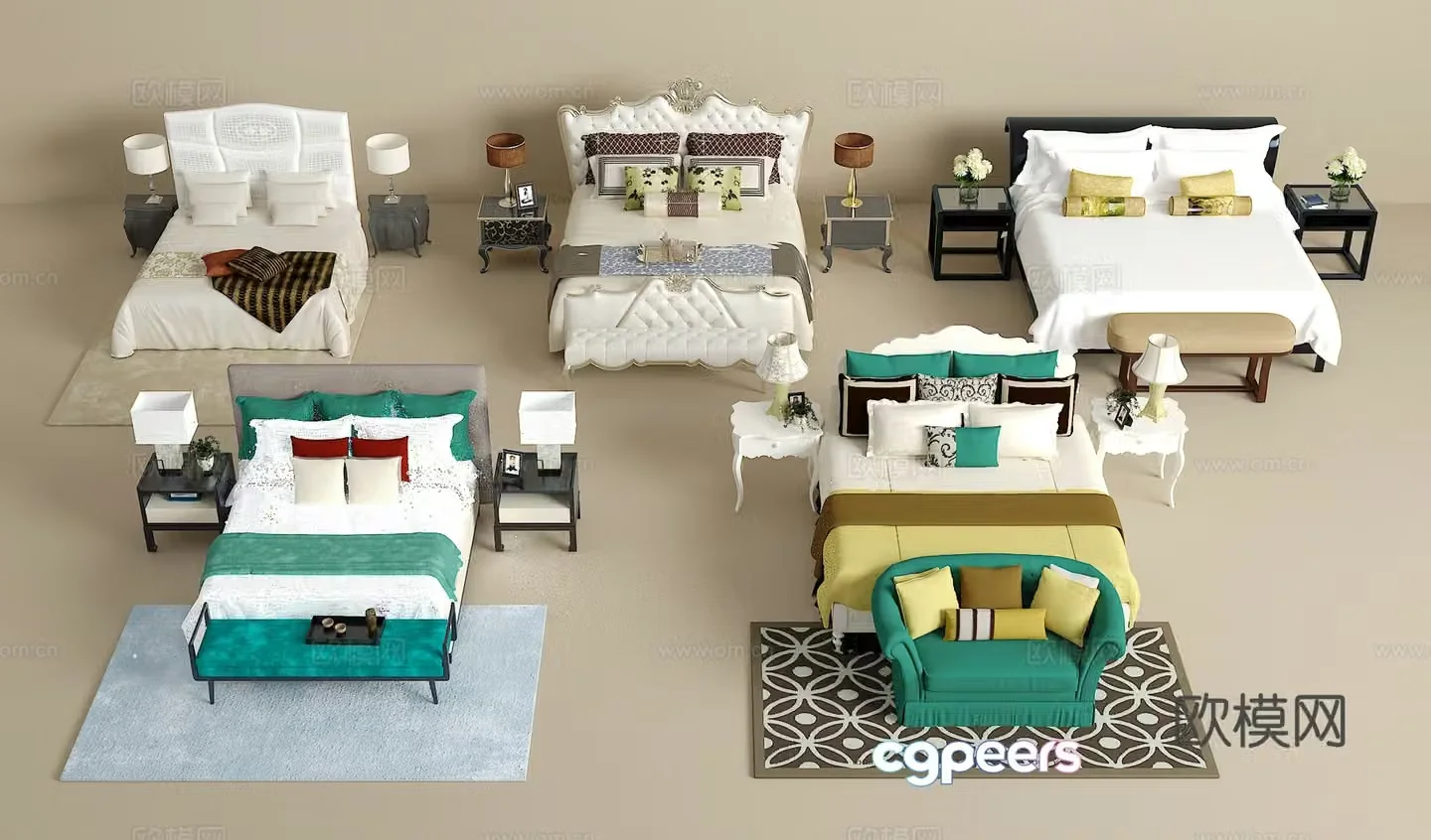 Double bed combination bedside table jewelry ornaments desk lamp carpet pillow 3D model