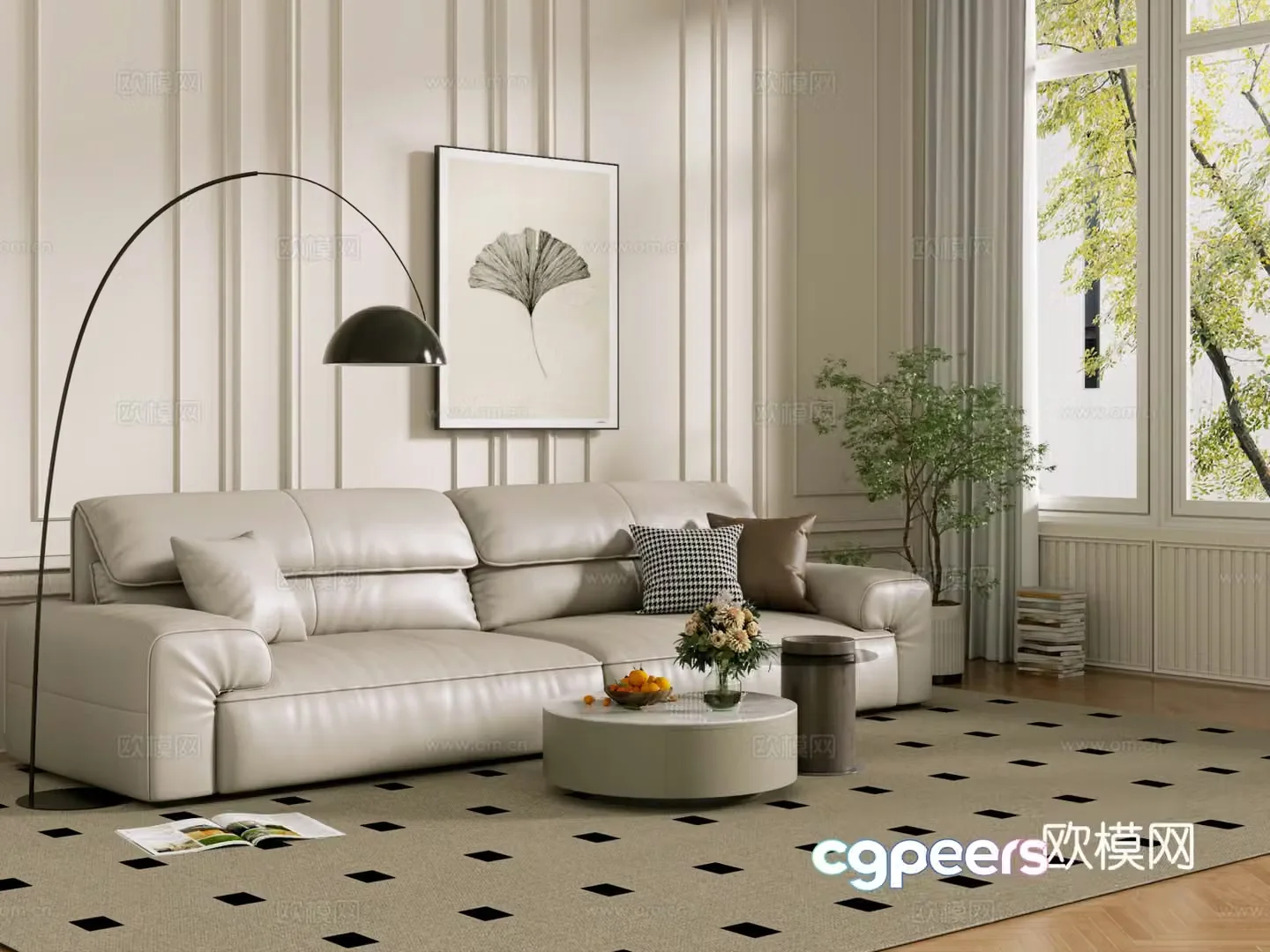 Middle-aged sofa combination coffee table carpet multi-person sofa 3D model