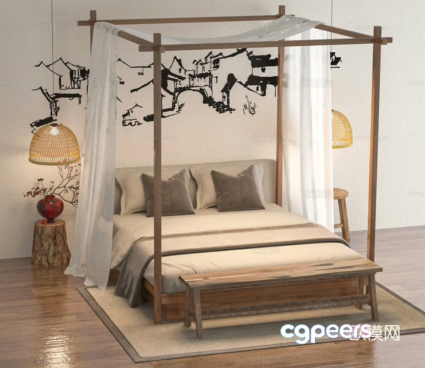 Wabi-sabi double bed 3d model