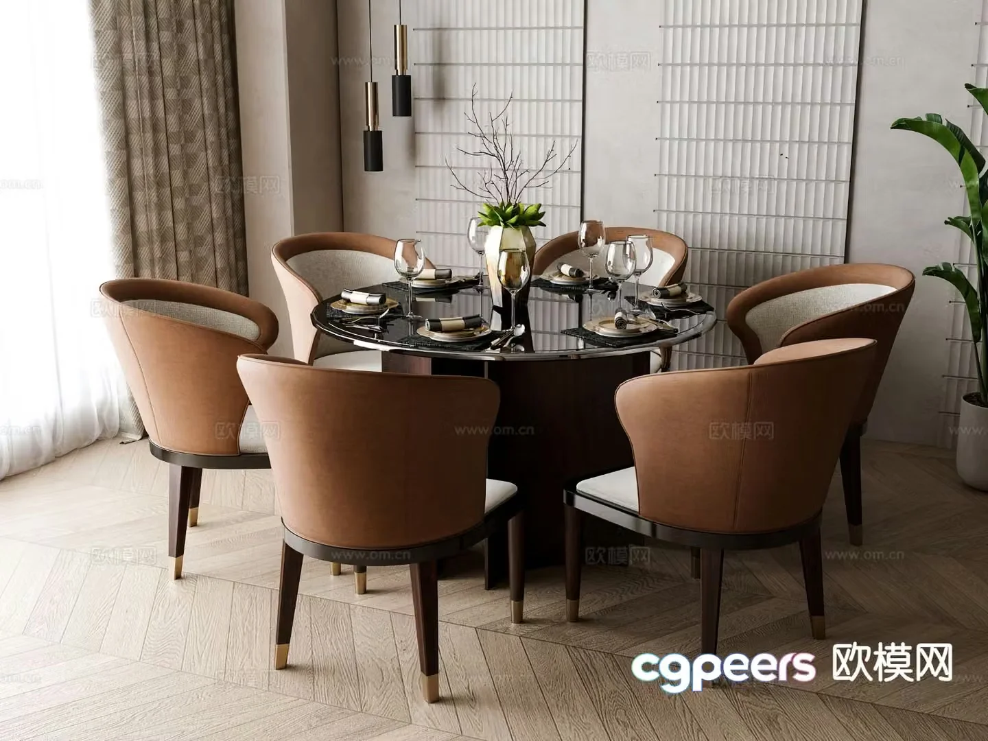 New Chinese style dining table and chairs round dining table 3d model