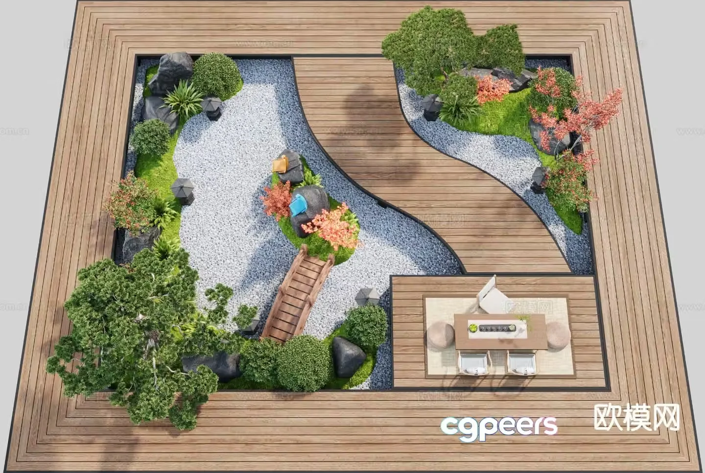 New Chinese style sunken courtyard dry landscape 3D model