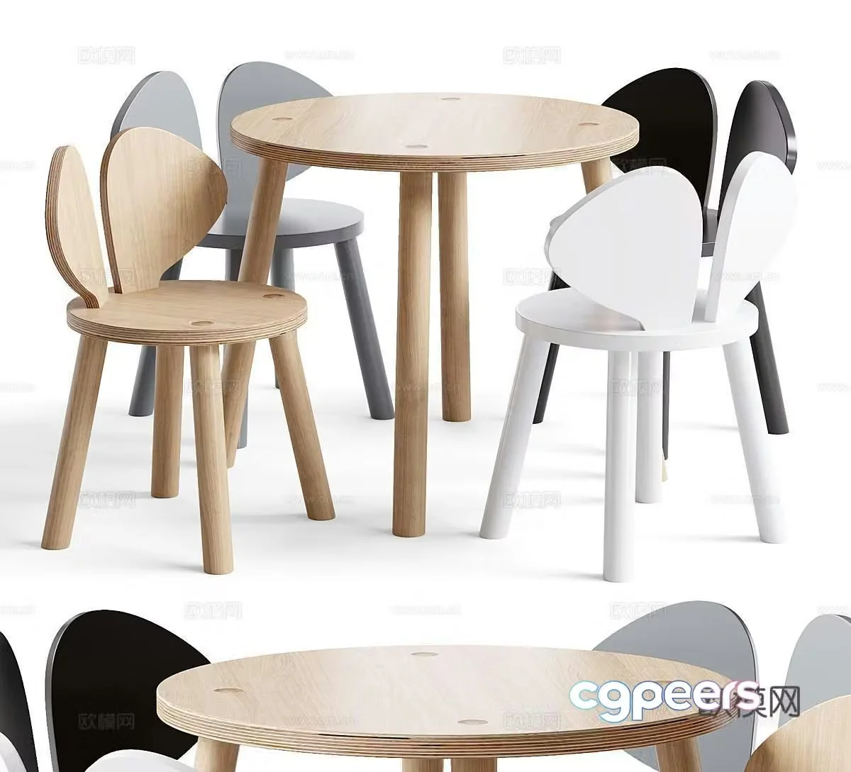 Modern oak children’s table and chairs Nordic children’s table and chairs Round children’s table and rabbit children’s chairs 3d model