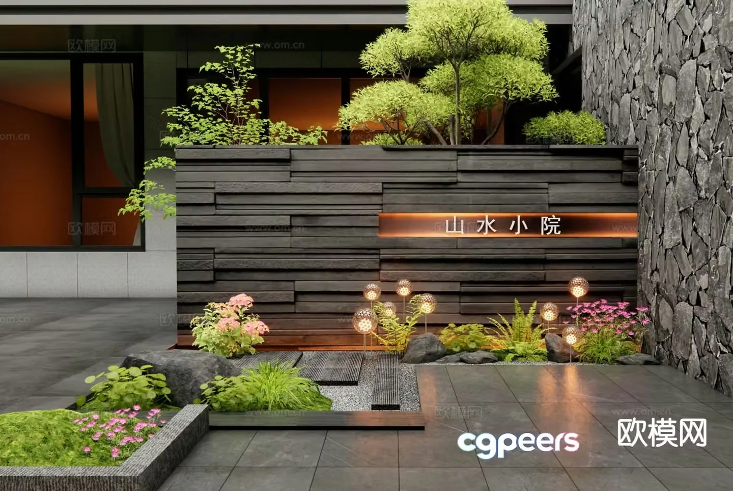 New Chinese style courtyard landscape wall cultural stone landscape wall 3D model