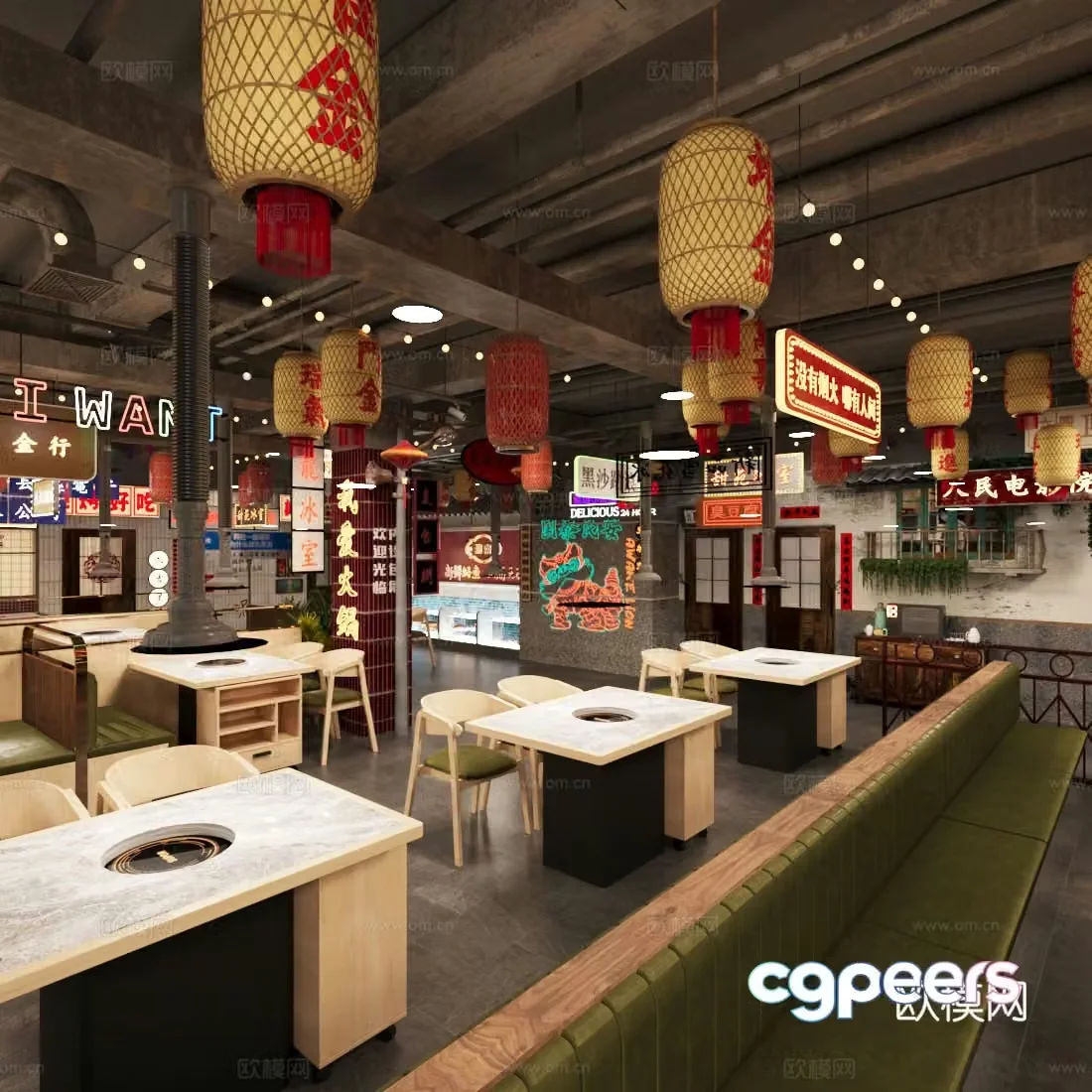 New Chinese hot pot restaurant Hot pot restaurant Barbecue restaurant table and chair combination card 3D model