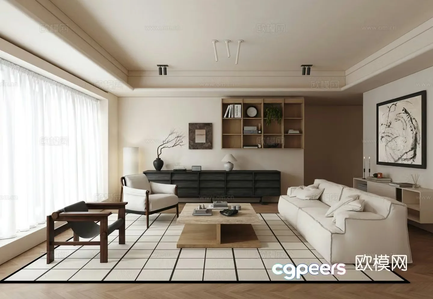 Wasabi Medium-class home living room horizontal hall black and white living room Wasabi Living room 3D model