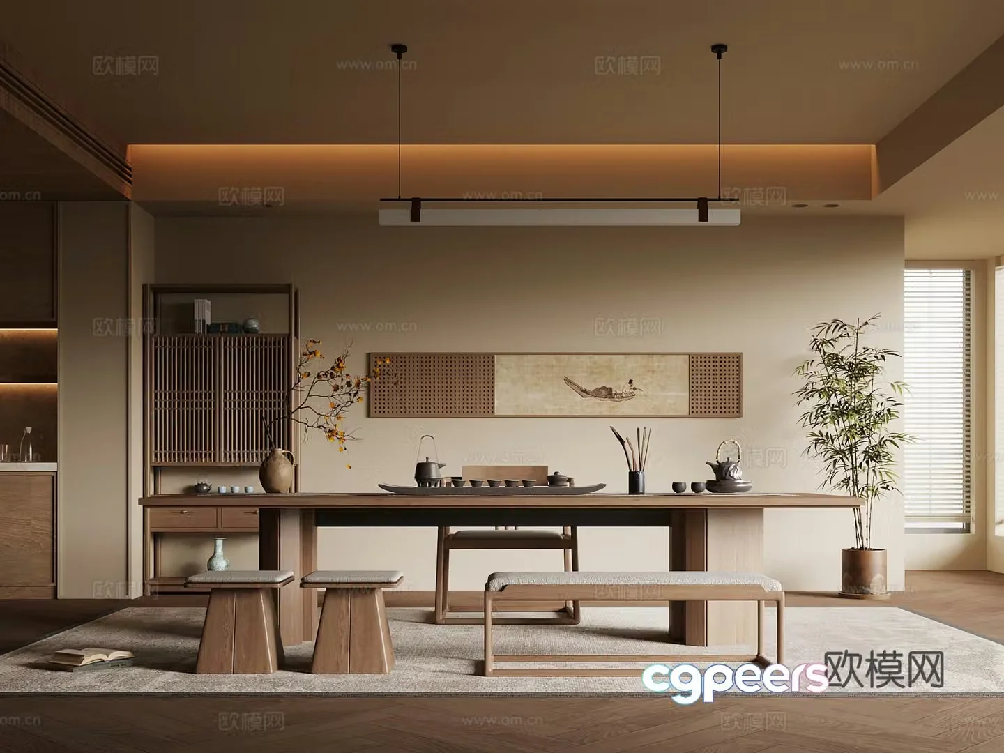 New Chinese-style tea room tea table and chair Bo Gu shelf 3D model