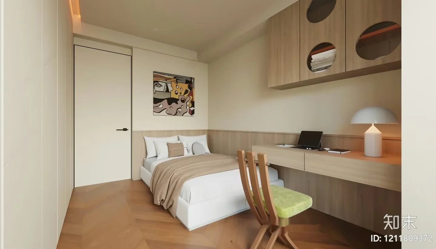 A Small Simple Bedroom With A Bed Desk And Chair 3D Model – 20761 – VRAY Render